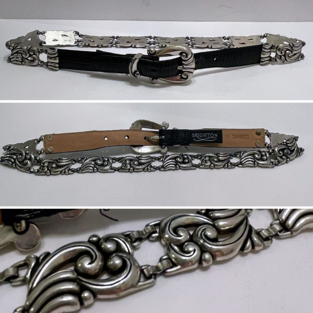 Vintage Brighton Ornate Black Croc Leather and Silver Metal Swirl Link Belt Sz M